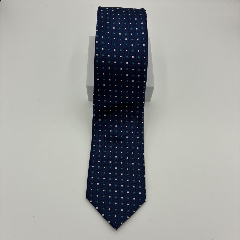 Pura Seta 100% Silk Necktie Navy Teal White Dot Made In Italy Mens Tie